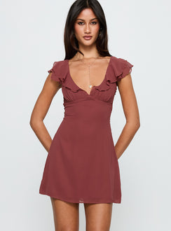 front view of model wearing Princess Polly I Guess So Mini Dress Currant Plunger 