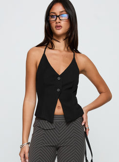 front view of model wearing Princess Polly No Sleep Halter Top Black Sleeveless V-Neck 