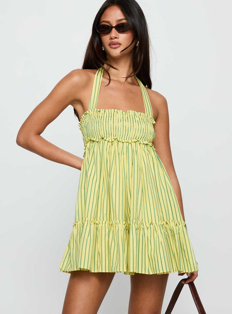 front view of model wearing Princess Polly Tiptoe Mini Dress Yellow Stripe Square Neck 