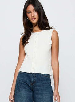 side view of model wearing Princess Polly Simie Button Front Rib Top White Sleeveless Crew Neck 