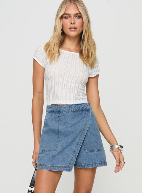 front view of model wearing Princess Polly Bentiez Denim Skort Mid Wash High Waisted Shorts 