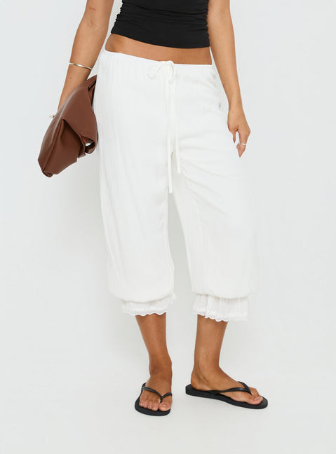 front view of model wearing Princess Polly Basma Bloomer Trouser Pants Rayon White Mid Rise Pants 