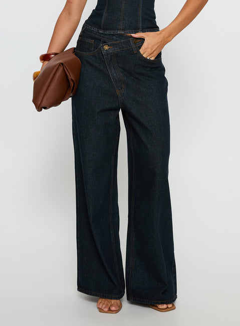 side view of model wearing Princess Polly Blue Crush Low Rise Wide Leg Jeans Indigo Mid Rise Jeans 