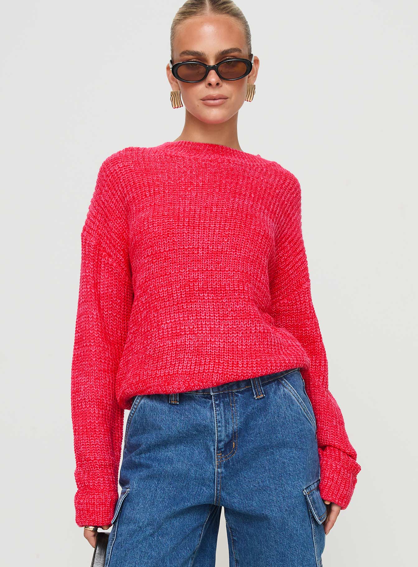 front view of model wearing Princess Polly Bae Sweater Pink/ Red 