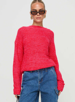 front view of model wearing Princess Polly Bae Sweater Pink/ Red 