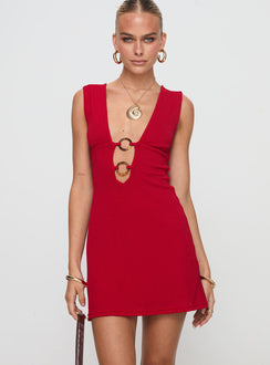 front view of model wearing Princess Polly Steward Mini Dress Red Plunger 