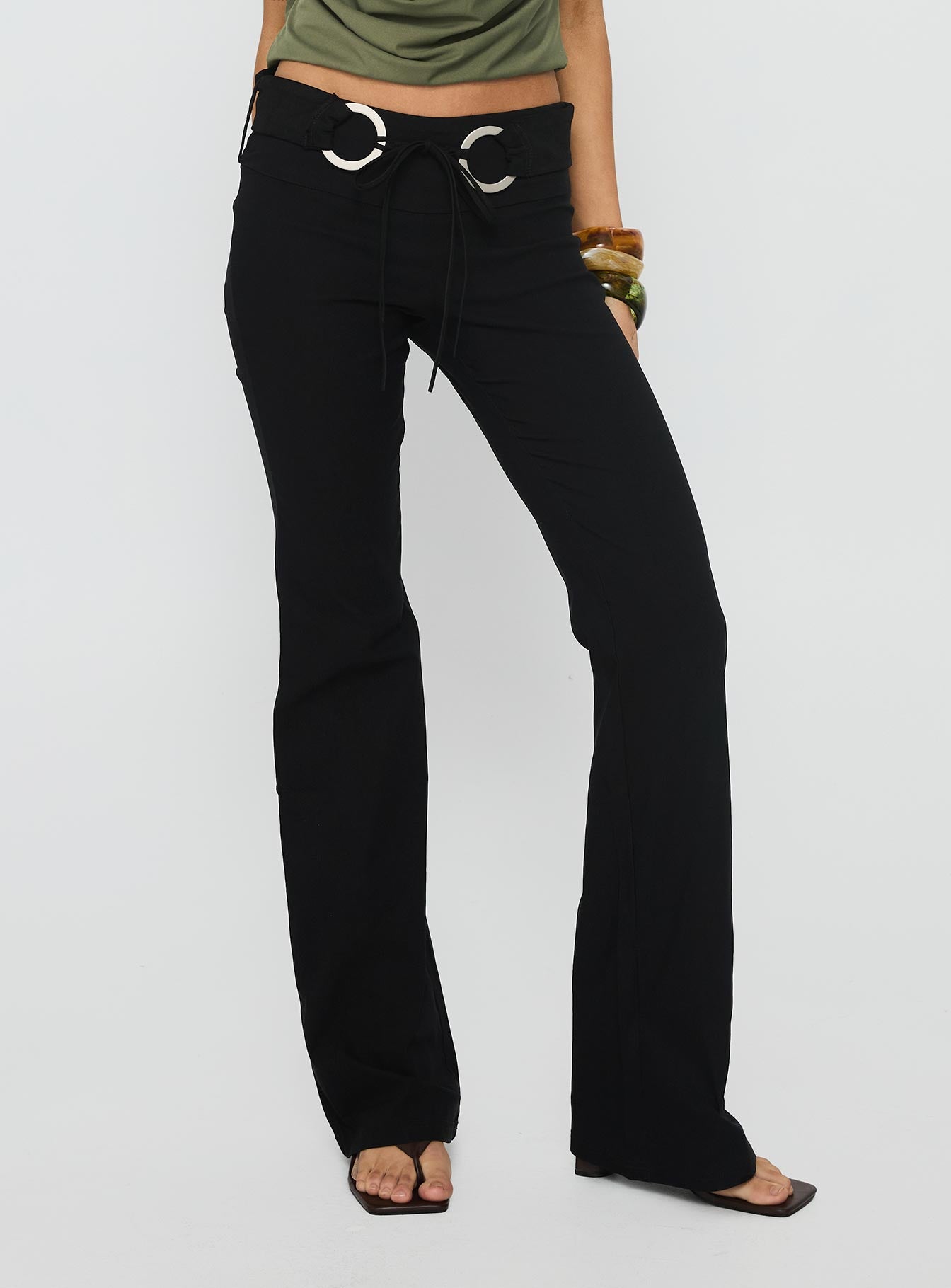 back view of model wearing Princess Polly Twinflame Low Rise Hardware Pants Black Low Rise Pants 