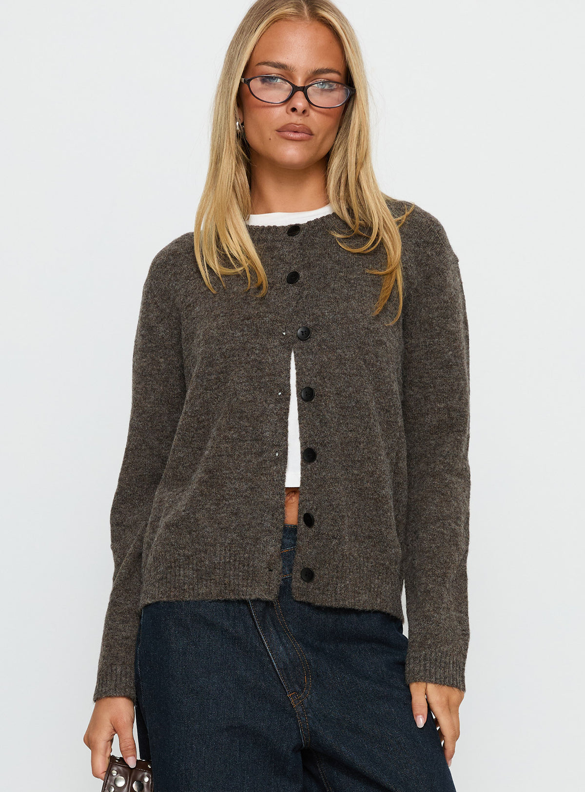 Featuring the Better Than Fiction Cardigan Mocha womens-jumpers with short oversized styling detail view of model wearing Princess Polly