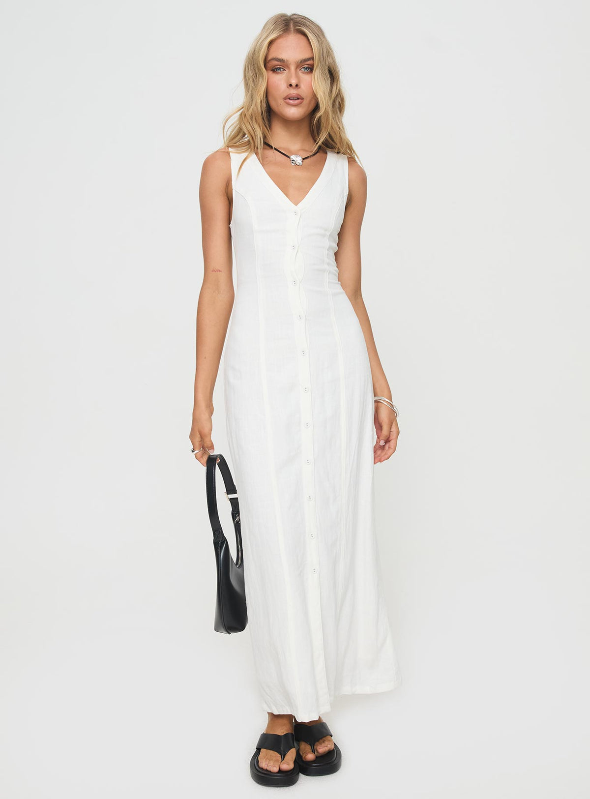back view of model wearing Princess Polly Summer Season Linen Blend Maxi Dress White Petite V-Neck 