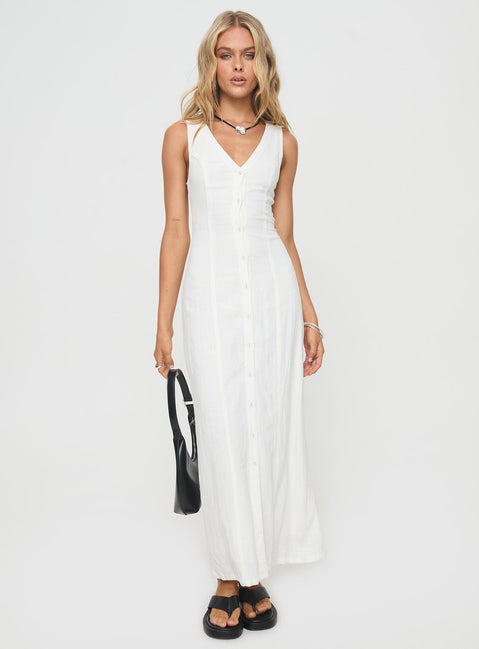back view of model wearing Princess Polly Summer Season Linen Blend Maxi Dress White Petite V-Neck 