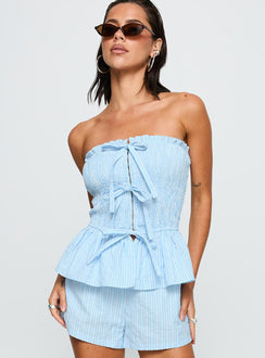 side view of model wearing Princess Polly Saskea Strapless Top Blue Sleeveless straight 