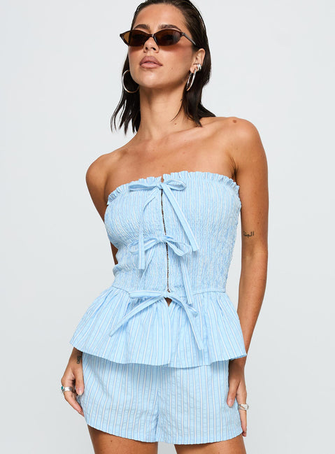 side view of model wearing Princess Polly Saskea Strapless Top Blue Sleeveless straight 