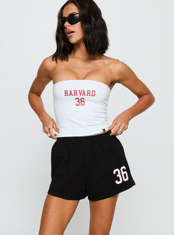 front view of model wearing Princess Polly Harvard Soffee Shorts Black High Waisted Shorts 