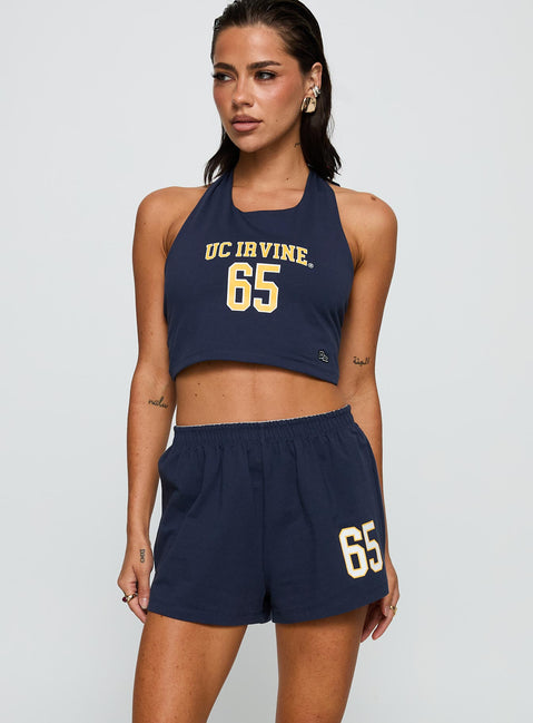 front view of model wearing Princess Polly UC Irvine Soffee Shorts Blue High Waisted Shorts 