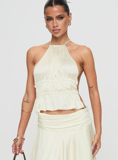 front view of model wearing Princess Polly Legacy Halter Top Ivory Sleeveless High Neck 