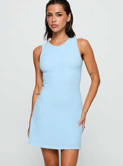 front view of model wearing Princess Polly Corallie Textured Mini Dress Blue Crew Neck 