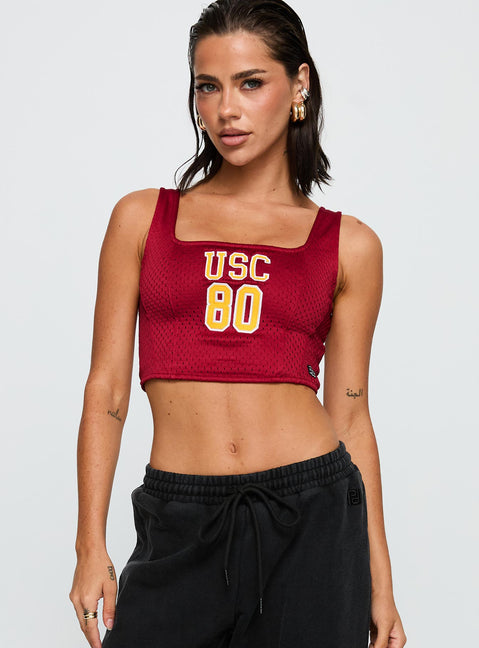 front view of model wearing Princess Polly USC Jersey Corset Top Cardinal Sleeveless Square Neck 