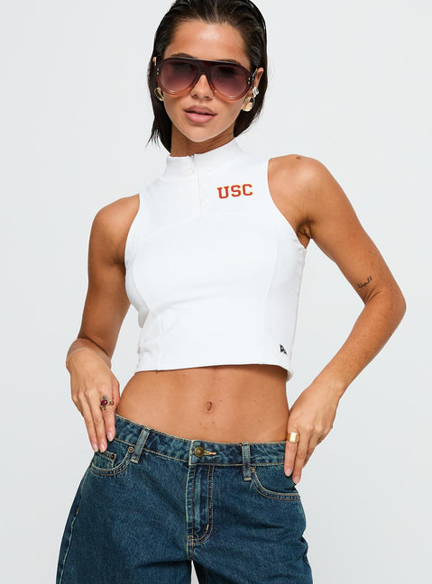 front view of model wearing Princess Polly USC Belle Tank Top White Sleeveless High Neck 