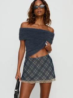 back view of model wearing Princess Polly Avalind Layered Mini Skirt Bue Check Mini Skirts 