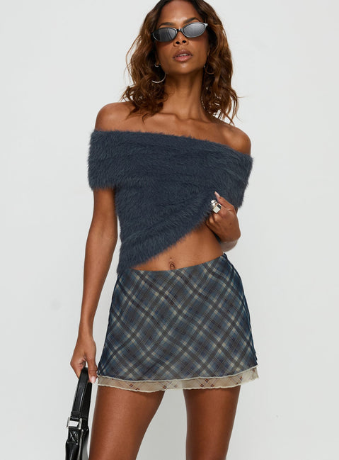 back view of model wearing Princess Polly Avalind Layered Mini Skirt Bue Check Mini Skirts 