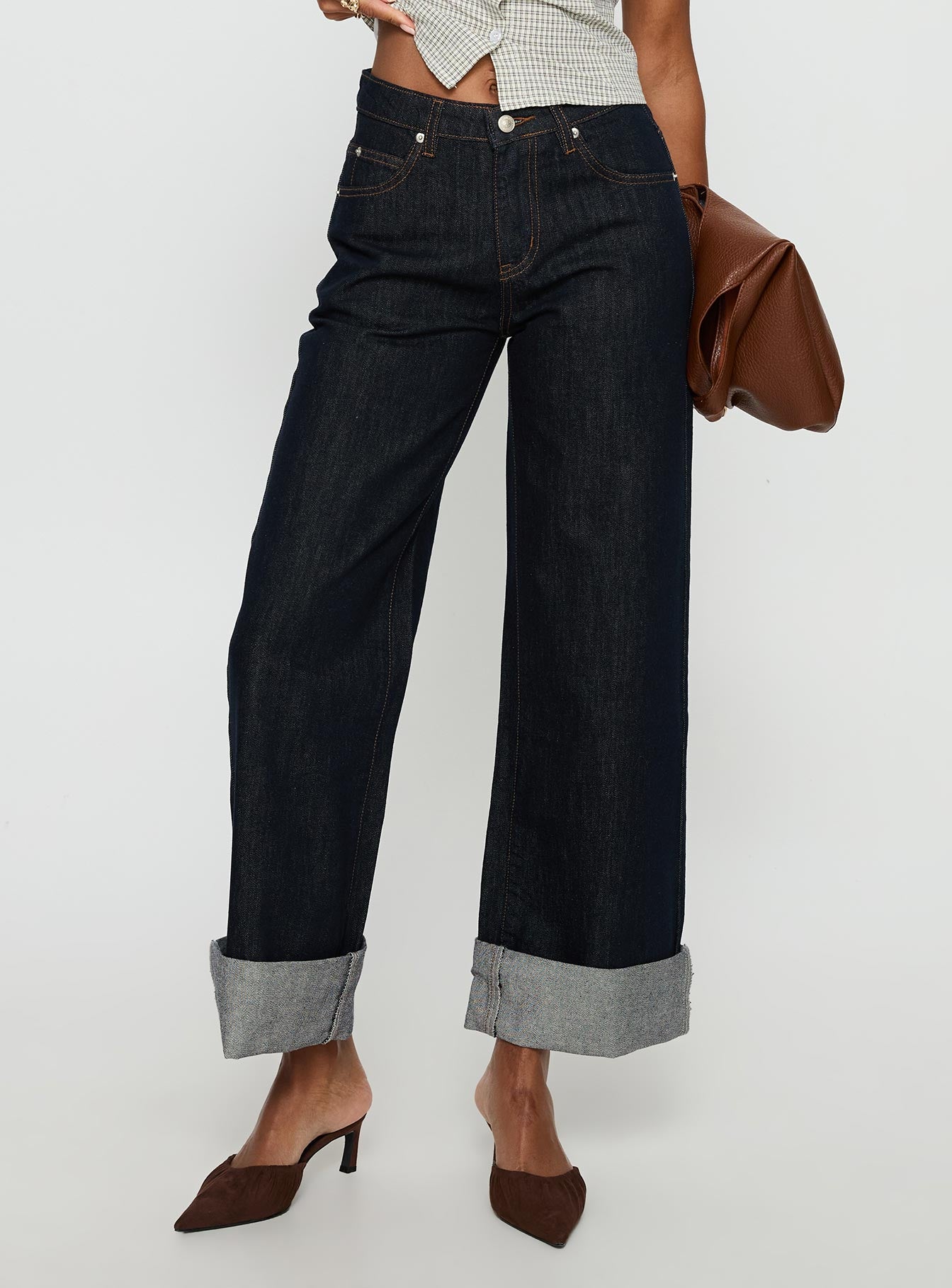 back view of model wearing Princess Polly Squire Mid Rise Straight Leg Folded Hem Jeans Indigo Wash Mid Rise Jeans Jeans 