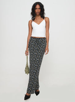 back view of model wearing Princess Polly Emily Maxi Skirt Blue / Black Floral Maxi 
