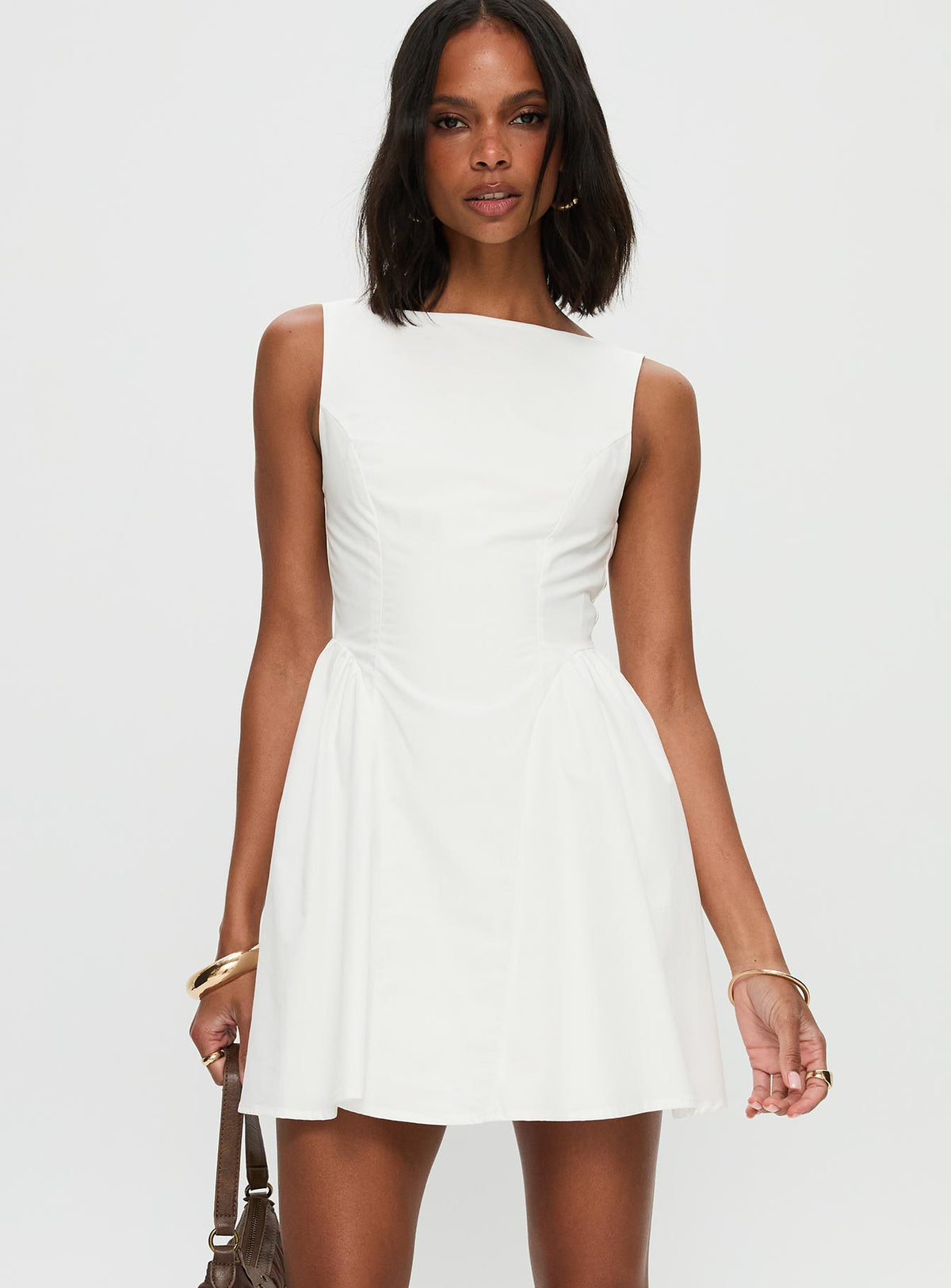 front view of model wearing Princess Polly Maryvonne Mini Dress White High Neck 