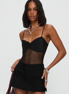 back view of model wearing Princess Polly In The Club Bodysuit Black Sleeveless 