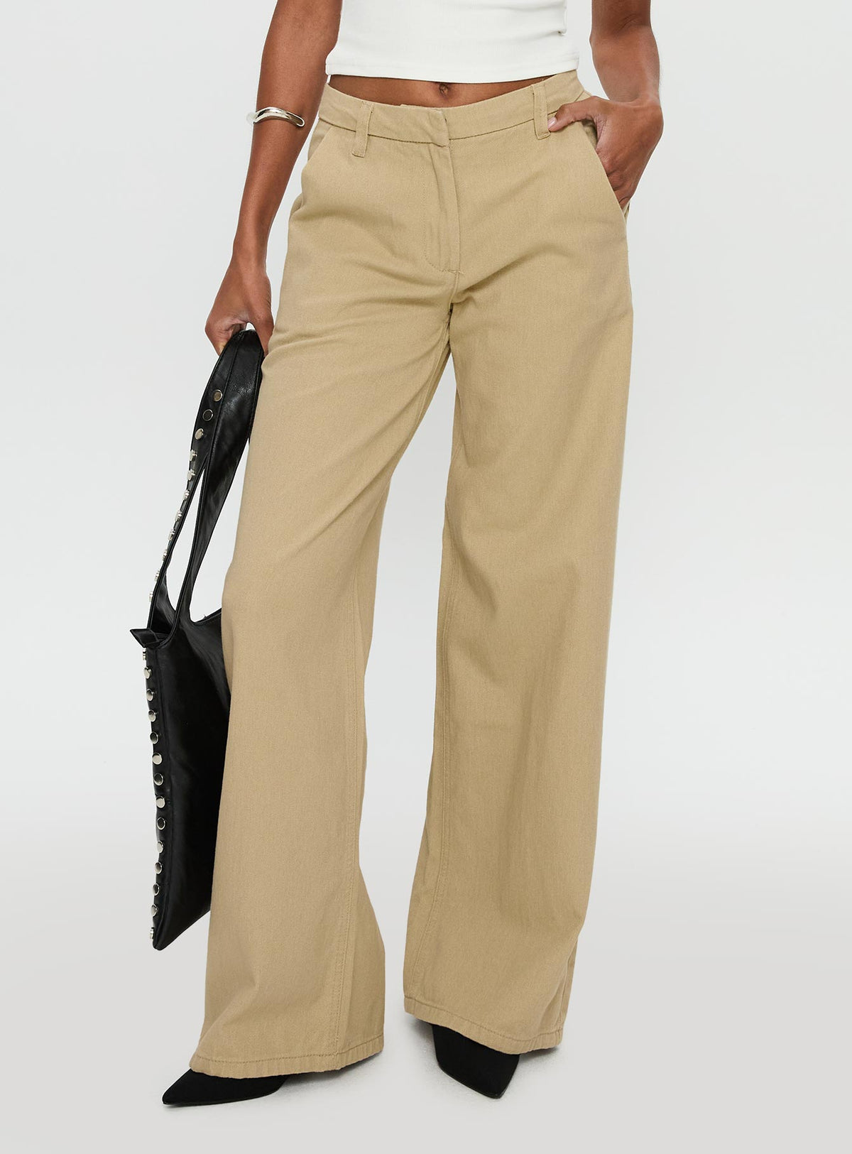 back view of model wearing Princess Polly Latitude Wide Leg Pant Beige High Waisted 