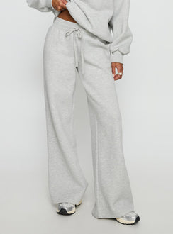 front view of model wearing Princess Polly Princess Polly Stargirl Wide Leg Sweat Pants Grey Marle High Rise Pants Pants 