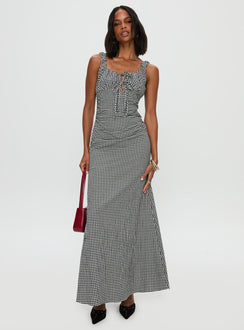 back view of model wearing Princess Polly Roundtrip Maxi Dress Black / White Scoop Neck 