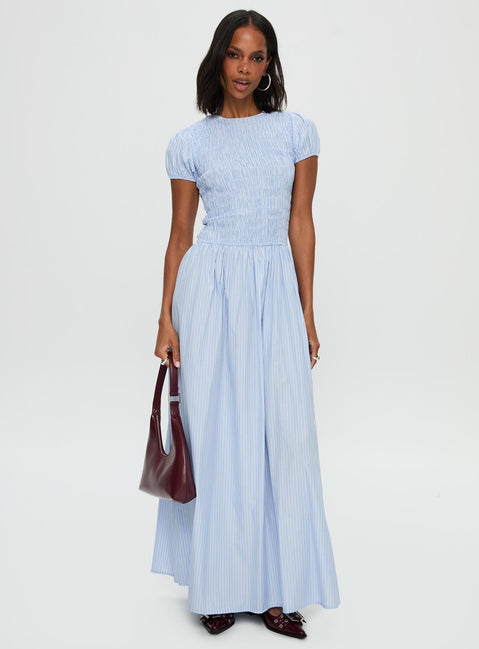 front view of model wearing Princess Polly Wendelin Shirred Maxi Dress Blue Stripe Crew Neck 