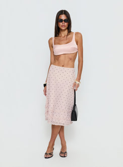   front view of model wearing Princess Polly Clarabella Frill Midi Skirt Pink Polka Dot Midi Skirts 