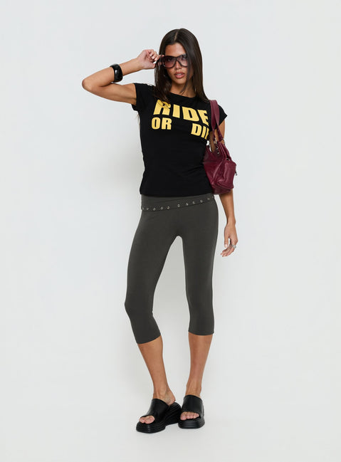 front view of model wearing Princess Polly Enmu Capri Trouser Charcoal Grey Mid Rise Pants 