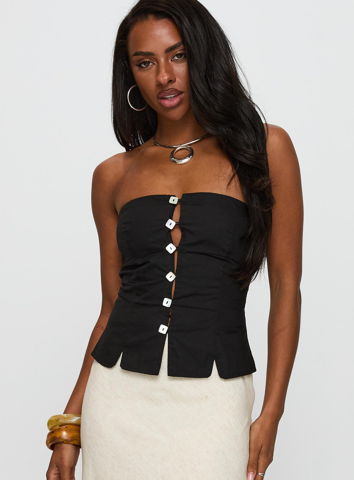 side view of model wearing Princess Polly Analeia Strapless Top Black Sleeveless straight 