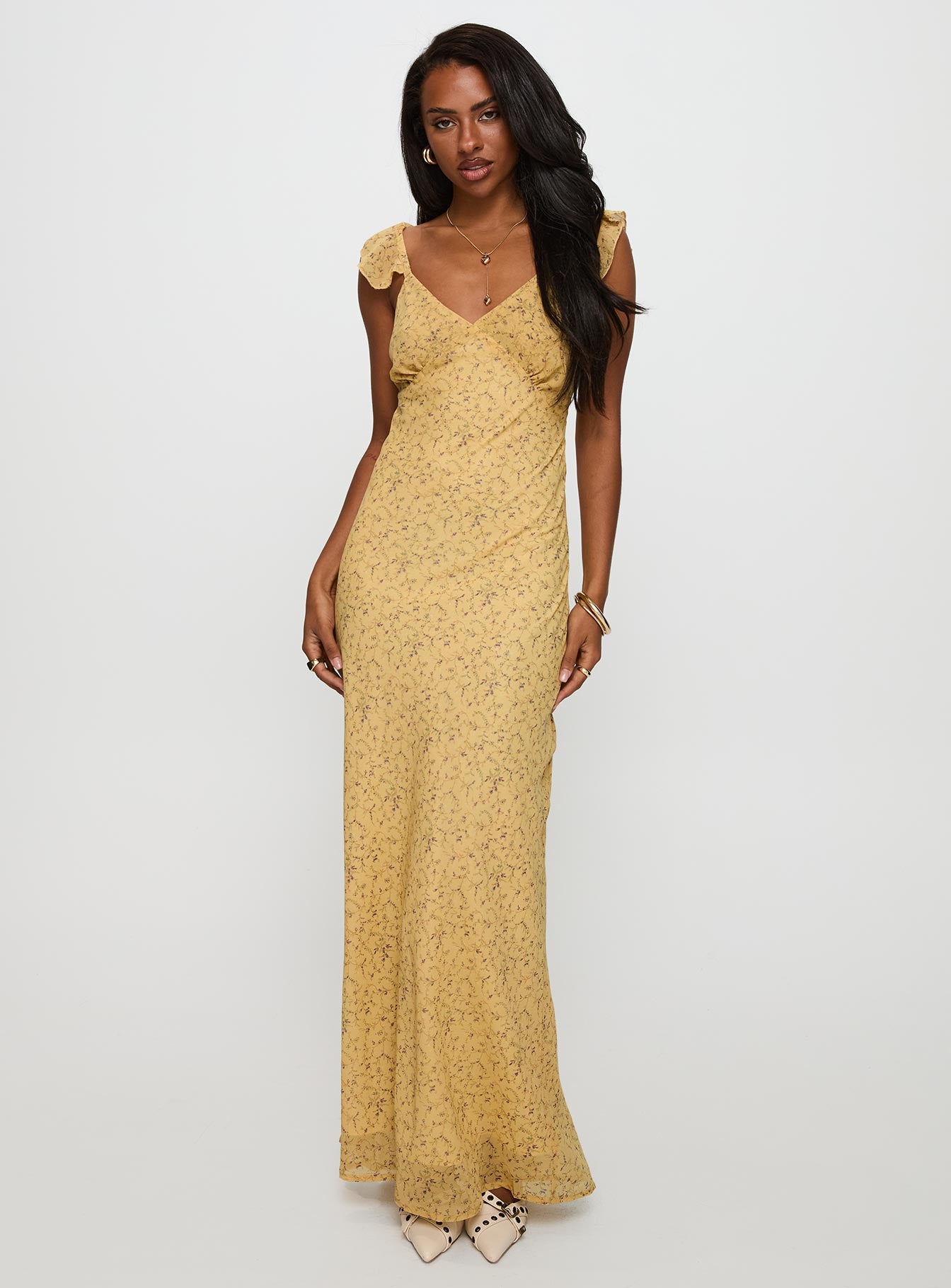 back view of model wearing Princess Polly Dearlie Frill Maxi Dress Multi V-Neck 