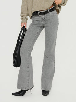 back view of model wearing Princess Polly Magic Mirror Mid Rise Bootleg Jeans Washed Grey Mid Rise Jeans Jeans 