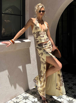   side view of model wearing Princess Polly Roselin Mesh Maxi Skirt Brown Floral Maxi Skirts 