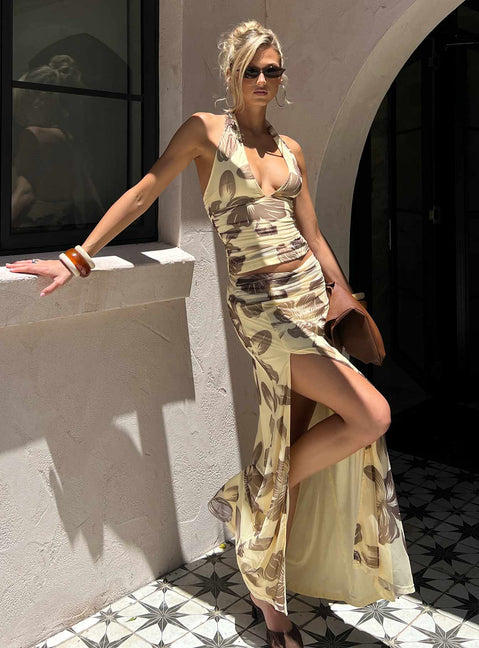   side view of model wearing Princess Polly Roselin Mesh Maxi Skirt Brown Floral Maxi Skirts 