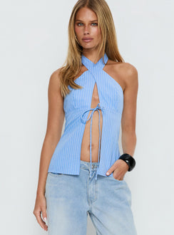 Sensational Cross Front Tie Detail Top Blue Stripe