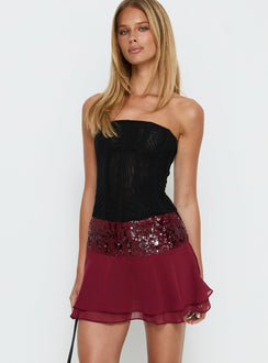 back view of model wearing Princess Polly Zenayda Drop Waist Sequin Mini Skirt Burgundy Mini Skirts 
