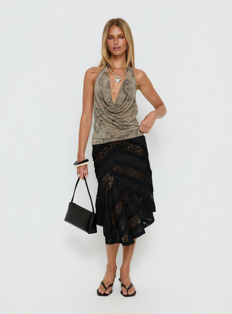   front view of model wearing Princess Polly Constancia Asymmetrical Sheer Midi Skirt Black Midi Skirts 