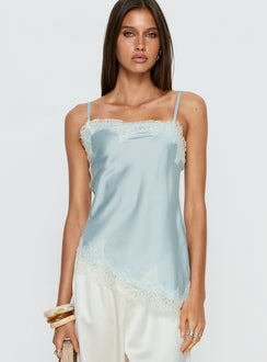 Winta Lace Trim Asymmetrical Satin Top Blue
