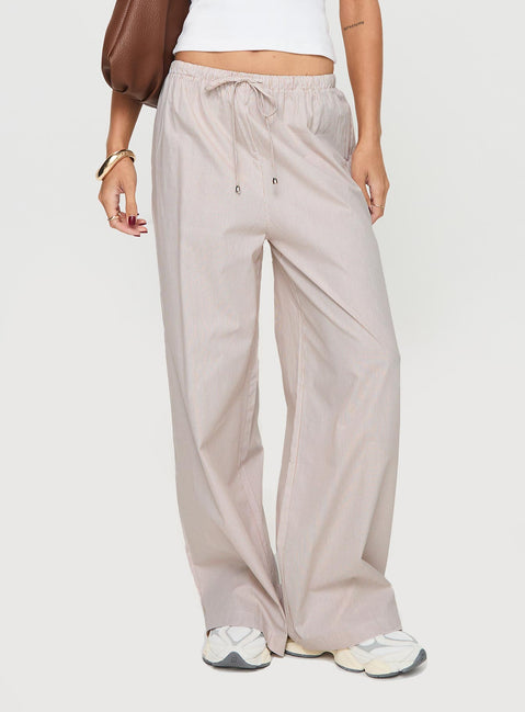 back view of model wearing Princess Polly Ogilvie Pants Beige Stripe Mid Rise 