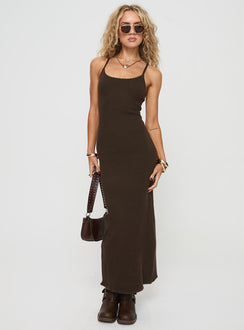 side view of model wearing Princess Polly Kattan Maxi Dress Chocolate Petite Scoop Neck 