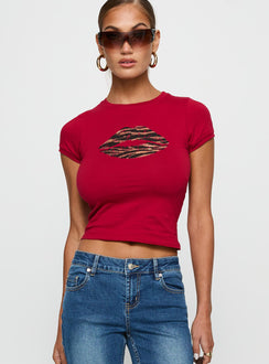 back view of model wearing Princess Polly Sutin Tee Red Short Sleeves Crew Neck 