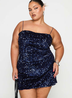 back view of model wearing Princess Polly Layney Sequin Mini Dress Navy Curve Square Neck 