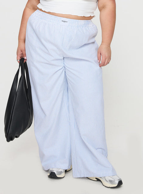 back view of model wearing Princess Polly Beach House Pants Blue Stripe Curve Pants 