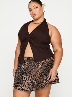   side view of model wearing Princess Polly Tejano Mini Skirt Leopard Curve Mini Skirts 