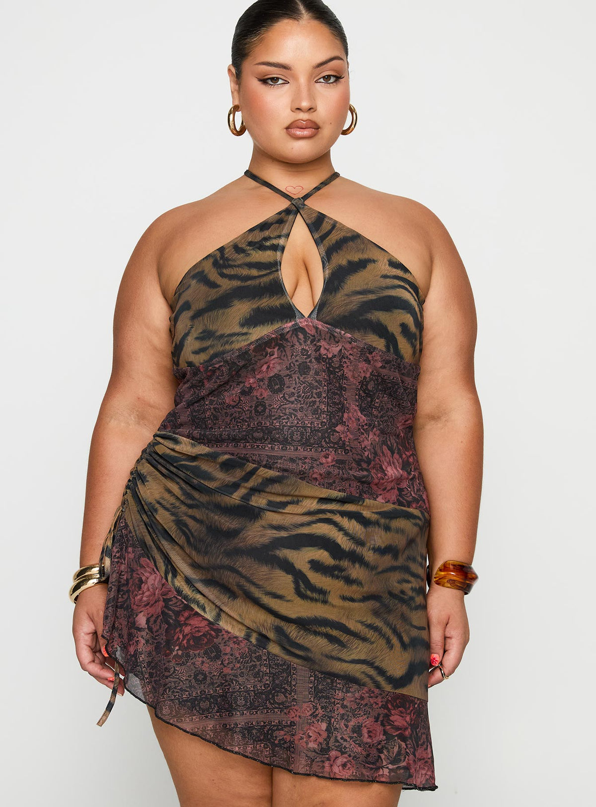 front view of model wearing Princess Polly Syrefena Halter Mini Dress Multi Curve Plunger 